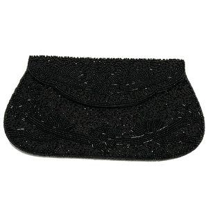 Vintage 50's Sharonee Hand Seed Beaded Black Clutch Japan Rhinestone Floral